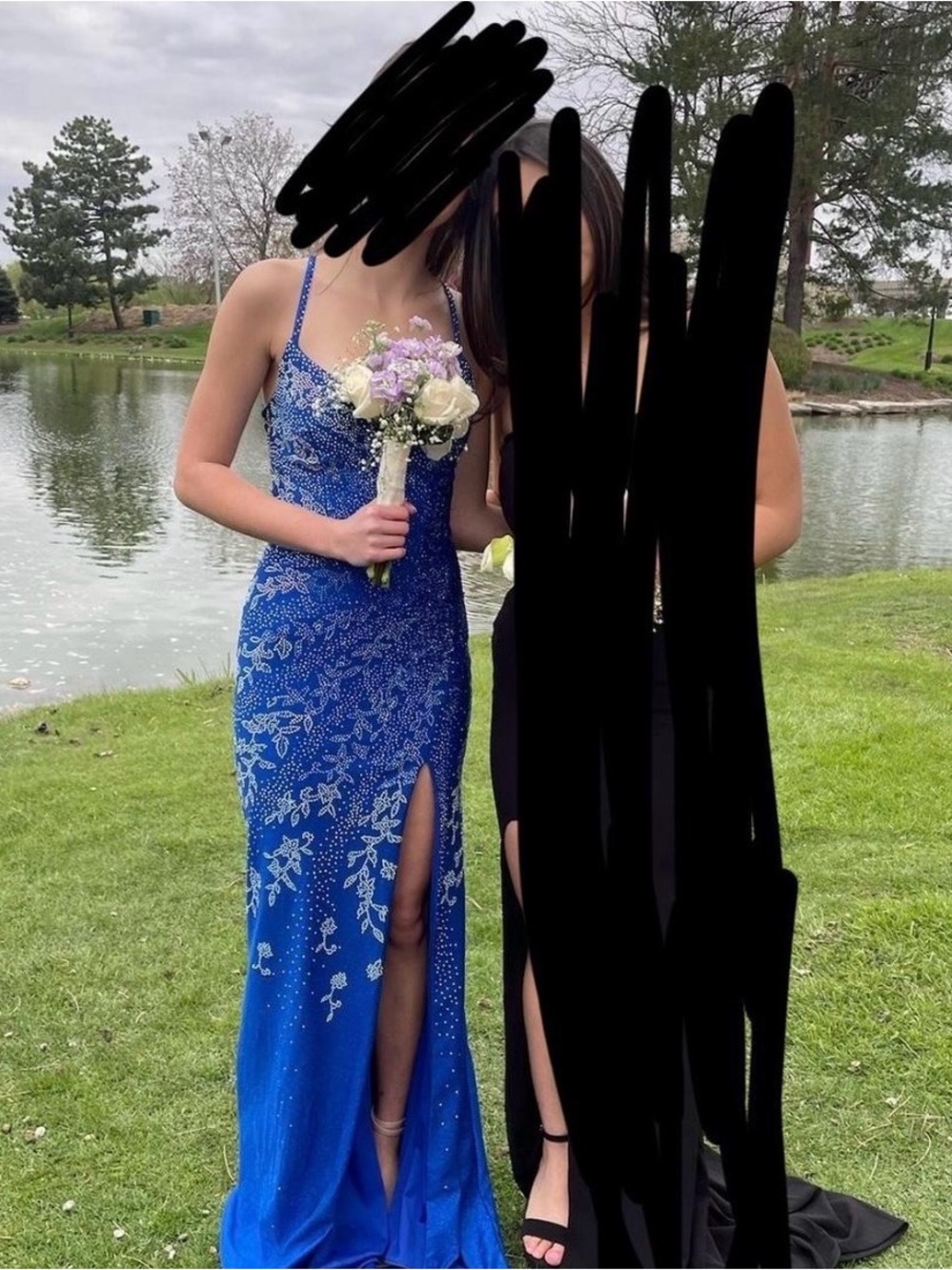 Royal Blue Beaded Spaghetti-Strap Prom Gown